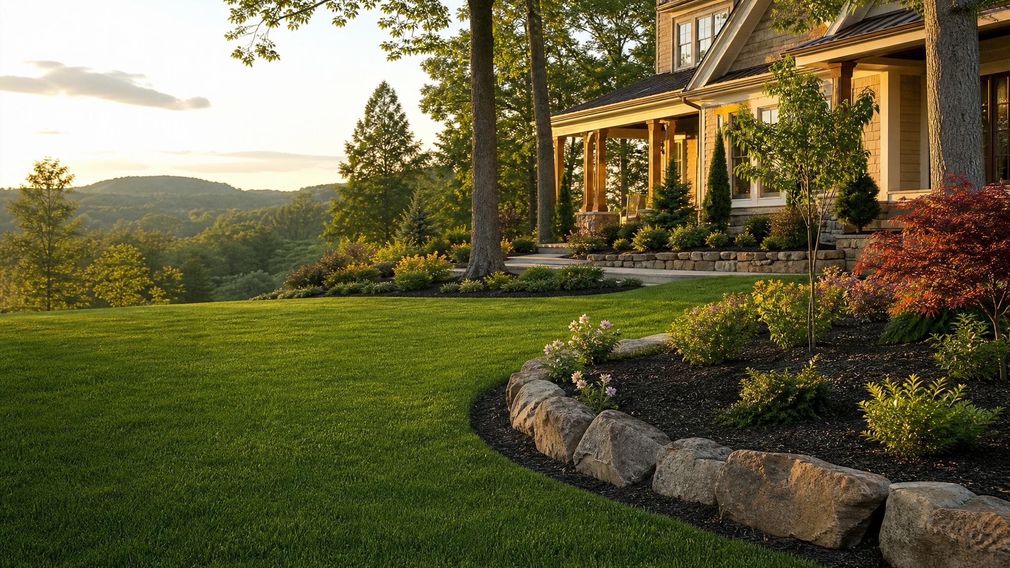 Freshly installed lawn with shaped beds and new ornamental landscaping